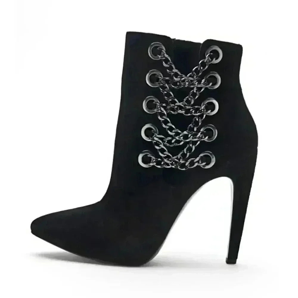 Via Spiga Yolanda Black Leather Suede Heel Booties Size 10 Edgy Chain Detail